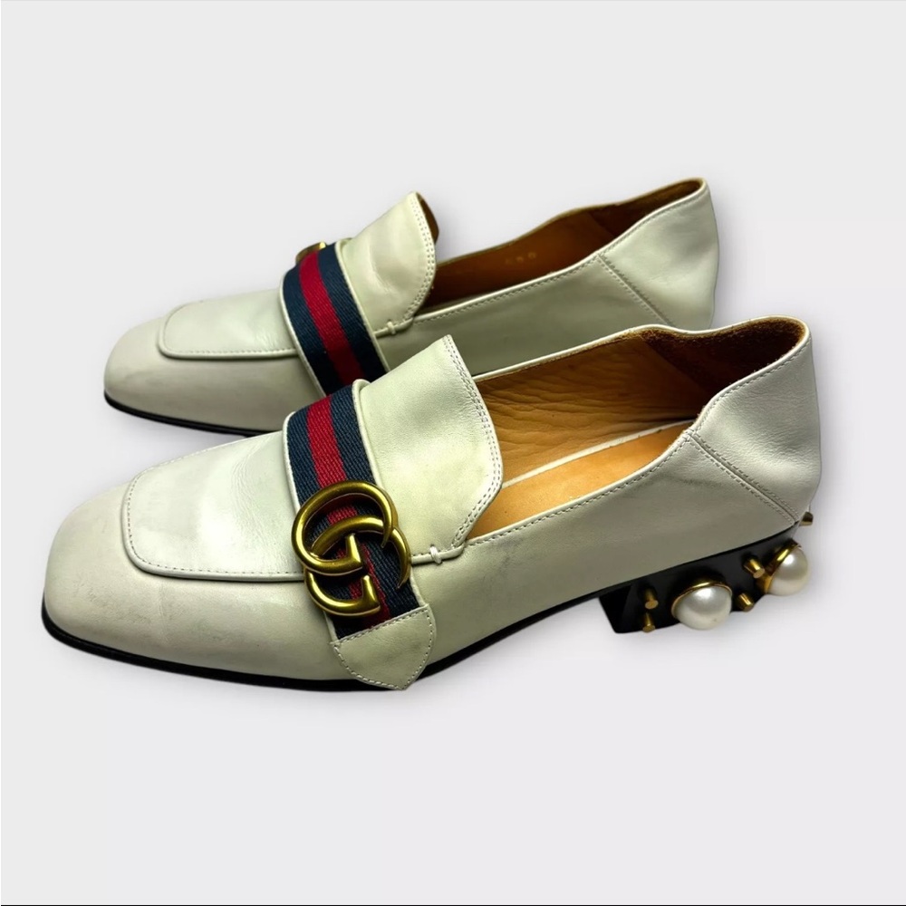 Gucci Ivory Leather Pearl Heel GG Marmont Loafers Shoes Women 36 US Size 6 - Picture 2 of 16